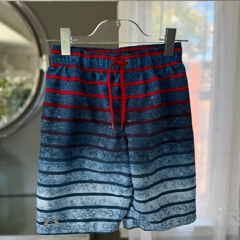Under Armour Kids Youth Red and Blue Striped Swim Trunks